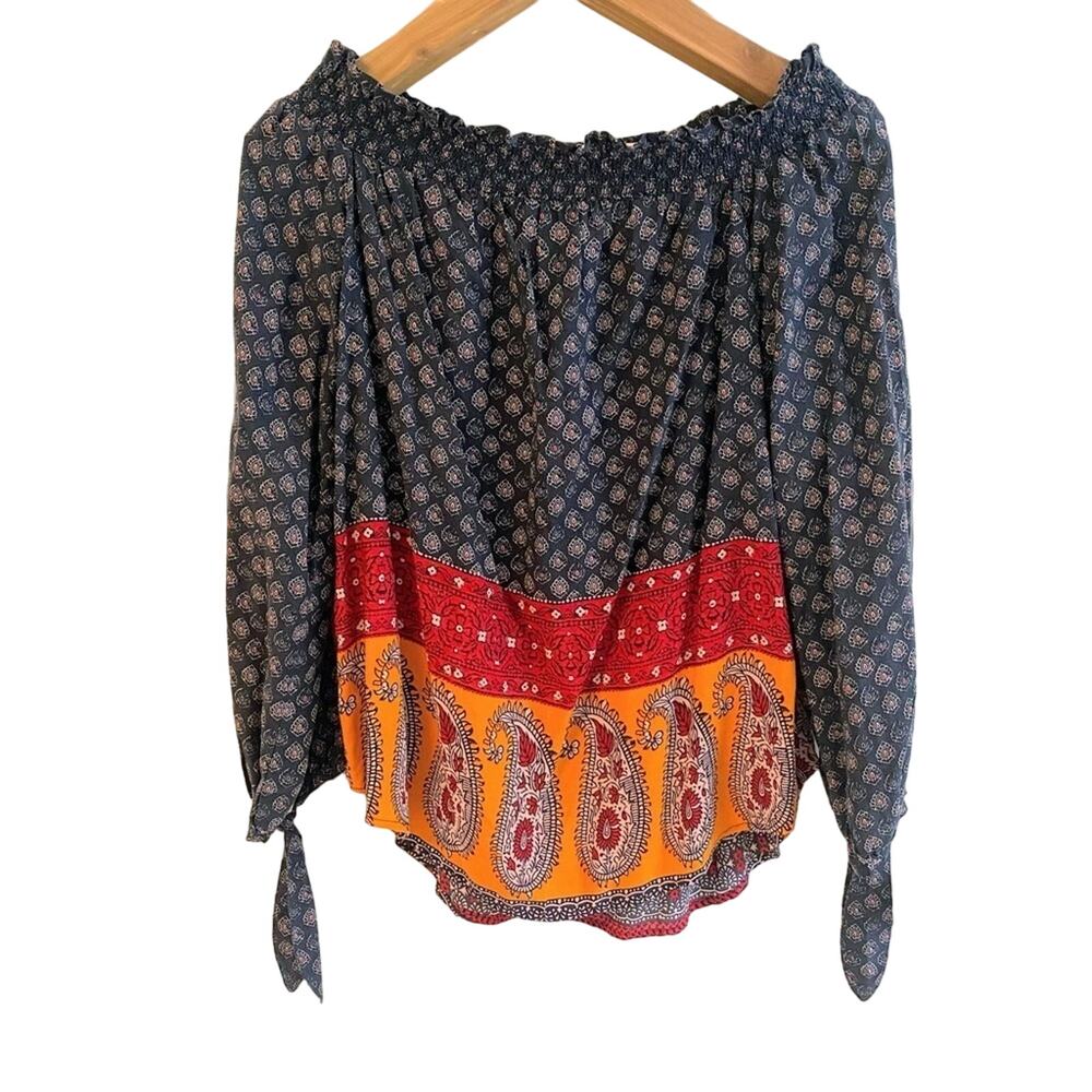 Beachlunchlounge Womens' Off The Shoulder Peasant Blouse Boho Blue Orange Small